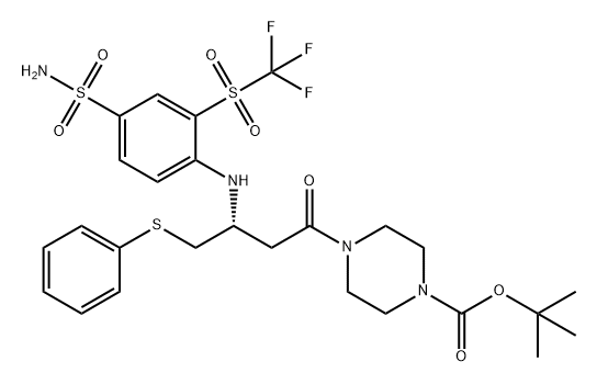 1-Piperazinecarboxylic acid, 4-[(3R)-3-[[4-(aminosulfonyl)-2-[(trifluoromethyl)sulfonyl]phenyl]amino]-1-oxo-4-(phenylthio)butyl]-, 1,1-dimethylethyl ester Structure