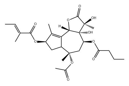 2-Butenoic acid, 2-methyl-, (3S,3aR,4S,6S,8R,9bS)-6-(acetyloxy)-2,3,3a,4,5,6,6a,7,8,9b-decahydro-3,3a-dihydroxy-3,6,9-trimethyl-2-oxo-4-(1-oxobutoxy)azuleno[4,5-b]furan-8-yl ester, (2E)- 구조식 이미지