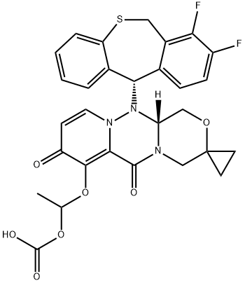 Carbonic acid, [[(12'aR)-12'-[(11S)-7,8-difluoro-6,11-dihydrodibenzo[b,e]thiepin-11-yl]-6',8',12',12'a-tetrahydro-6',8'-dioxospiro[cyclopropane-1,3'(4'H)-[1H][1,4]oxazino[3,4-c]pyrido[2,1-f][1,2,4]triazin]-7'-yl]oxy]methyl methyl ester Structure