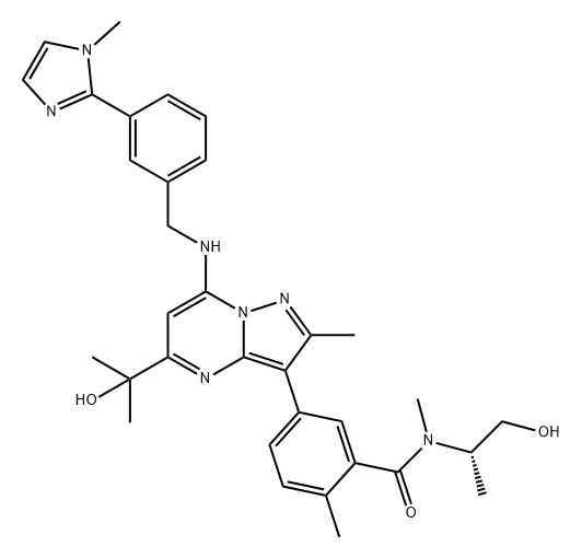 Benzamide, N-[(1S)-2-hydroxy-1-methylethyl]-5-[5-(1-hydroxy-1-methylethyl)-2-methyl-7-[[[3-(1-methyl-1H-imidazol-2-yl)phenyl]methyl]amino]pyrazolo[1,5-a]pyrimidin-3-yl]-N,2-dimethyl- 구조식 이미지