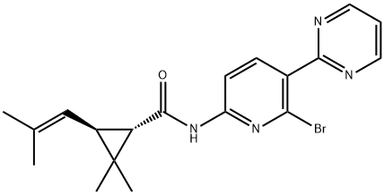 Cyclopropanecarboxamide, N-[6-bromo-5-(2-pyrimidinyl)-2-pyridinyl]-2,2-dimethyl-3-(2-methyl-1-propen-1-yl)-, (1S,3S)- Structure