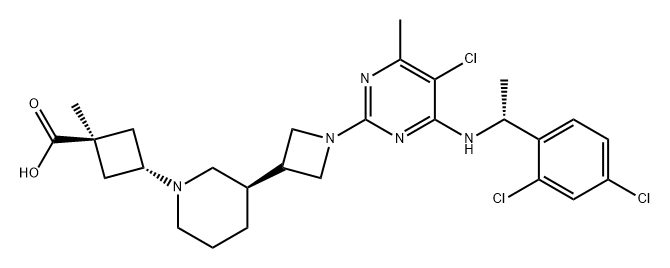 Cyclobutanecarboxylic acid, 3-[(3R)-3-[1-[5-chloro-4-[[(1R)-1-(2,4-dichlorophenyl)ethyl]amino]-6-methyl-2-pyrimidinyl]-3-azetidinyl]-1-piperidinyl]-1-methyl-, trans- Structure