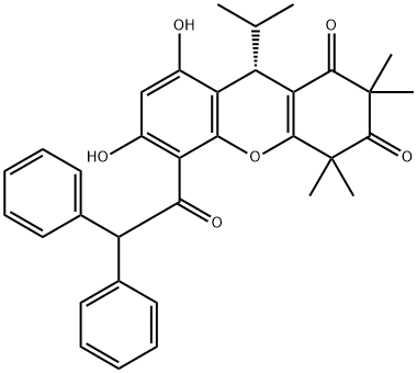 1H-Xanthene-1,3(2H)-dione, 5-(2,2-diphenylacetyl)-4,9-dihydro-6,8-dihydroxy-2,2,4,4-tetramethyl-9-(1-methylethyl)-, (9S)- Structure