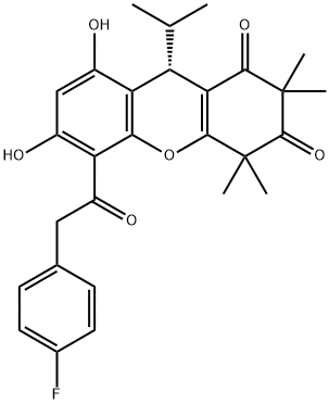 1H-Xanthene-1,3(2H)-dione, 5-[2-(4-fluorophenyl)acetyl]-4,9-dihydro-6,8-dihydroxy-2,2,4,4-tetramethyl-9-(1-methylethyl)-, (9S)- Structure