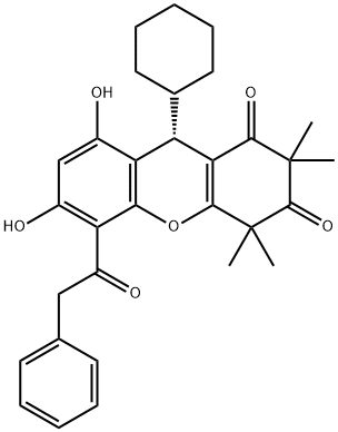 1H-Xanthene-1,3(2H)-dione, 9-cyclohexyl-4,9-dihydro-6,8-dihydroxy-2,2,4,4-tetramethyl-5-(2-phenylacetyl)-, (9S)- Structure