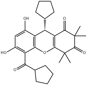 1H-Xanthene-1,3(2H)-dione, 9-cyclopentyl-5-(cyclopentylcarbonyl)-4,9-dihydro-6,8-dihydroxy-2,2,4,4-tetramethyl-, (9S)- Structure