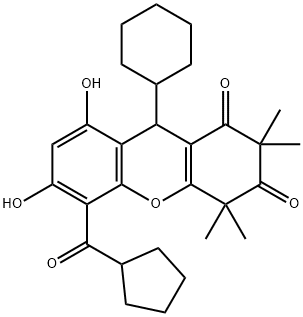 1H-Xanthene-1,3(2H)-dione, 9-cyclohexyl-5-(cyclopentylcarbonyl)-4,9-dihydro-6,8-dihydroxy-2,2,4,4-tetramethyl- Structure