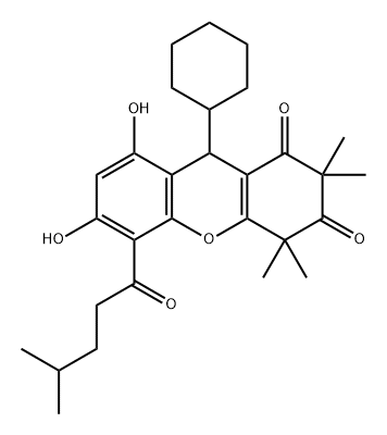 1H-Xanthene-1,3(2H)-dione, 9-cyclohexyl-4,9-dihydro-6,8-dihydroxy-2,2,4,4-tetramethyl-5-(4-methyl-1-oxopentyl)- Structure