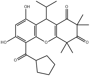 1H-Xanthene-1,3(2H)-dione, 5-(cyclopentylcarbonyl)-4,9-dihydro-6,8-dihydroxy-2,2,4,4-tetramethyl-9-(1-methylethyl)- Structure