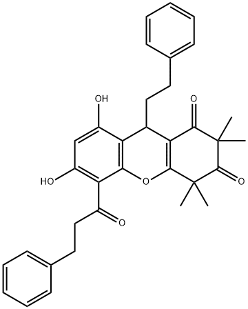 1H-Xanthene-1,3(2H)-dione, 4,9-dihydro-6,8-dihydroxy-2,2,4,4-tetramethyl-5-(1-oxo-3-phenylpropyl)-9-(2-phenylethyl)- Structure