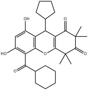 1H-Xanthene-1,3(2H)-dione, 5-(cyclohexylcarbonyl)-9-cyclopentyl-4,9-dihydro-6,8-dihydroxy-2,2,4,4-tetramethyl- Structure