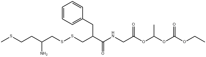 Glycine, N-[2-[[[2-amino-4-(methylthio)butyl]dithio]methyl]-1-oxo-3-phenylpropyl]-, 1-[(ethoxycarbonyl)oxy]ethyl ester Structure