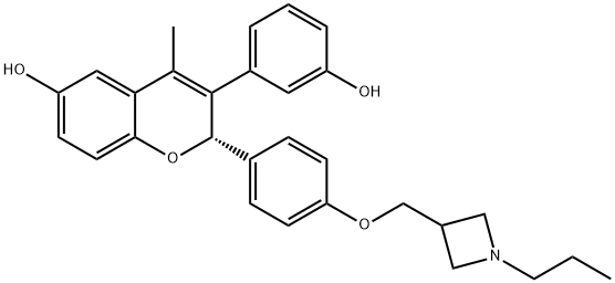 2H-1-Benzopyran-6-ol, 3-(3-hydroxyphenyl)-4-methyl-2-[4-[(1-propyl-3-azetidinyl)methoxy]phenyl]-, (2S)- 구조식 이미지