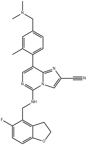 Imidazo[1,2-c]pyrimidine-2-carbonitrile, 8-[4-[(dimethylamino)methyl]-2-methylphenyl]-5-[[(5-fluoro-2,3-dihydro-4-benzofuranyl)methyl]amino]- Structure