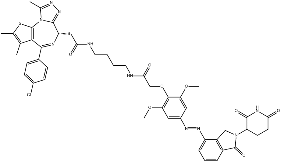 6H-Thieno[3,2-f][1,2,4]triazolo[4,3-a][1,4]diazepine-6-acetamide, 4-(4-chlorophenyl)-N-[4-[[2-[4-[(1E)-2-[2-(2,6-dioxo-3-piperidinyl)-2,3-dihydro-1-oxo-1H-isoindol-4-yl]diazenyl]-2,6-dimethoxyphenoxy]acetyl]amino]butyl]-2,3,9-trimethyl-, (6S)- Structure