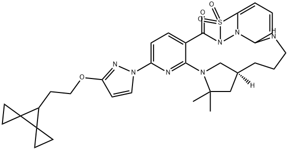 13H-17,20-Methano-8,12-nitrilo-12H-pyrido[3,2-d][1,2,6,13]thiatriazacyclooctadecin-5(6H)-one, 2-[3-(2-dispiro[2.0.2.1]hept-7-ylethoxy)-1H-pyrazol-1-yl]-14,15,16,17,18,19-hexahydro-19,19-dimethyl-, 7,7-dioxide, (17S)- 구조식 이미지