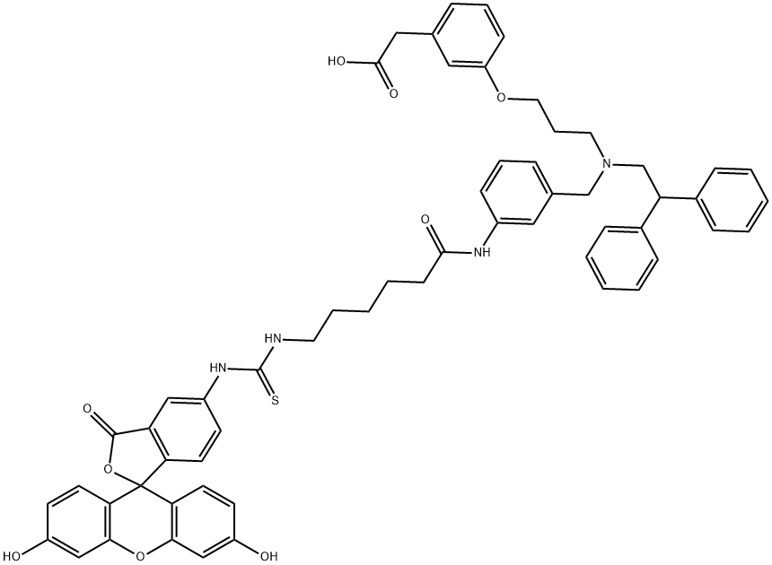 Benzeneacetic acid, 3-[3-[[[3-[[6-[[[(3',6'-dihydroxy-3-oxospiro[isobenzofuran-1(3H),9'-[9H]xanthen]-5-yl)amino]thioxomethyl]amino]-1-oxohexyl]amino]phenyl]methyl](2,2-diphenylethyl)amino]propoxy]- Structure