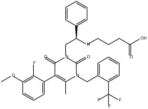 Butanoic acid, 4-[[(1R)-2-[5-(2-fluoro-3-methoxyphenyl)-3,6-dihydro-4-methyl-2,6-dioxo-3-[[2-(trifluoromethyl)phenyl]methyl]-1(2H)-pyrimidinyl]-1-phenylethyl]amino]- Structure