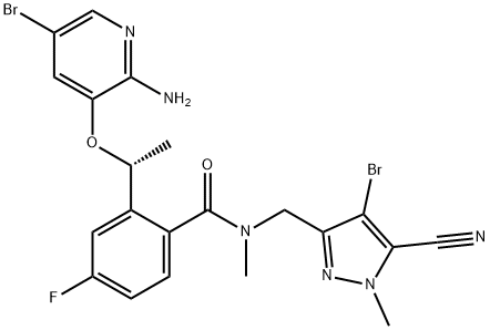 Benzamide, 2-[(1R)-1-[(2-amino-5-bromo-3-pyridinyl)oxy]ethyl]-N-[(4-bromo-5-cyano-1-methyl-1H-pyrazol-3-yl)methyl]-4-fluoro-N-methyl- Structure