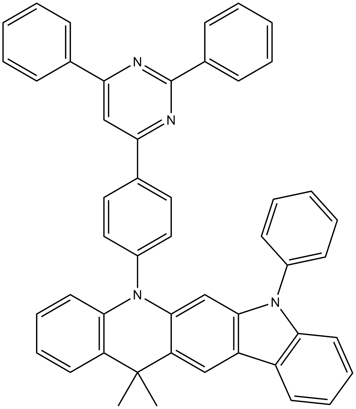 5-(4-(2,6-diphenylpyrimidin-4-yl)phenyl)-13,13-dimethyl-7-phenyl-7,13-dihydro-5H-indolo[3,2-b]acridine Structure