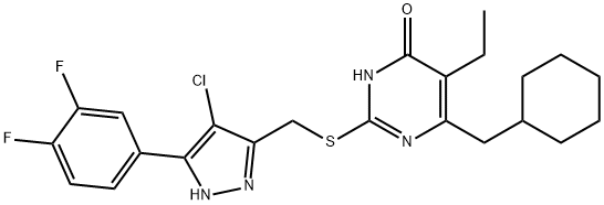 4(3H)-Pyrimidinone, 2-[[[4-chloro-5-(3,4-difluorophenyl)-1H-pyrazol-3-yl]methyl]thio]-6-(cyclohexylmethyl)-5-ethyl- Structure