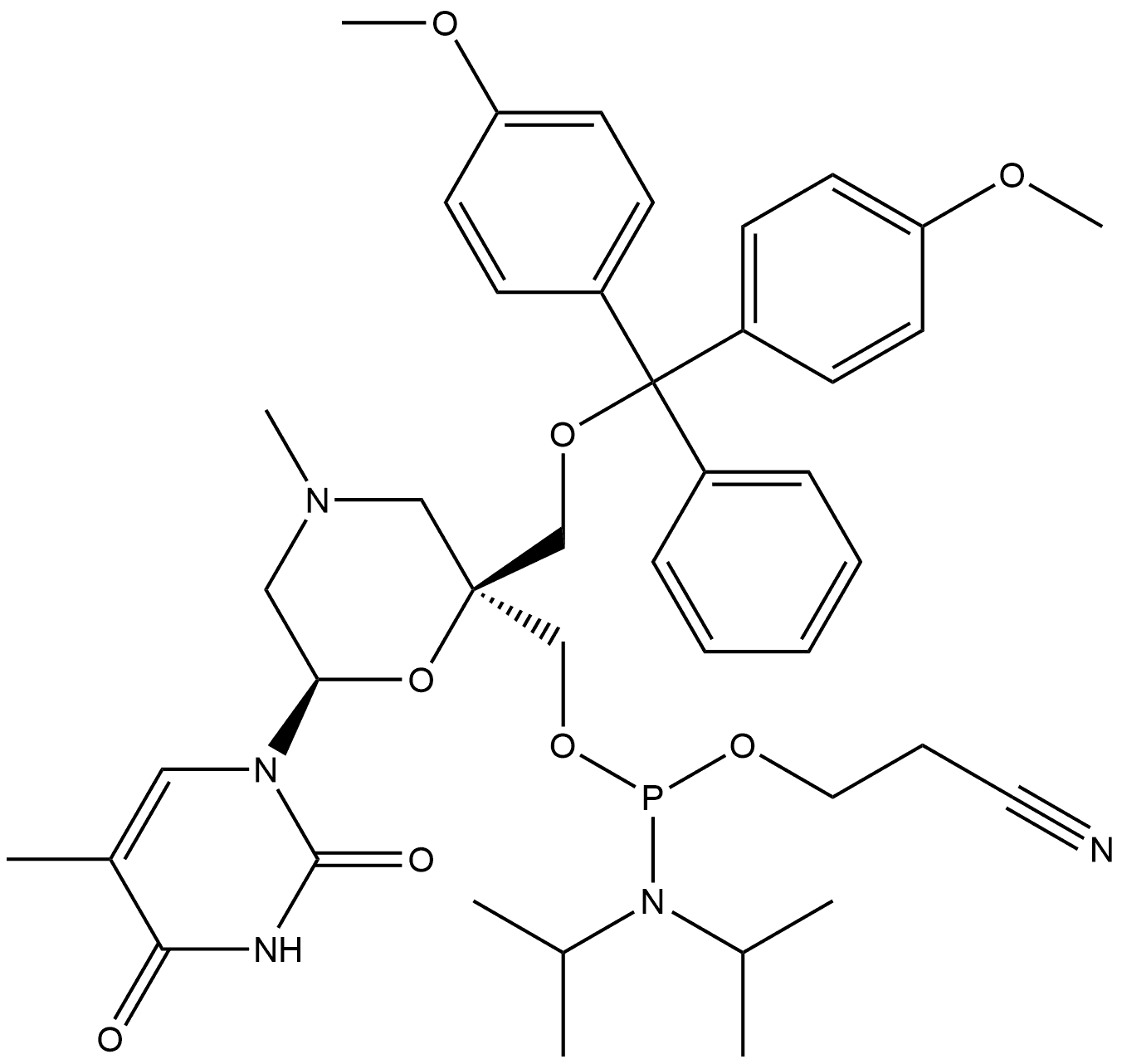 [(2S,6R)-2-[[Bis(4-methoxyphenyl)phenylmethoxy]methyl]-6-(3,4-dihydro-5-methyl-2,4-dioxo-1(2H)-pyrimidinyl)-4-methyl-2-morpholinyl]methyl 2-cyanoethyl N,N-bis(1-methylethyl)phosphoramidite Structure