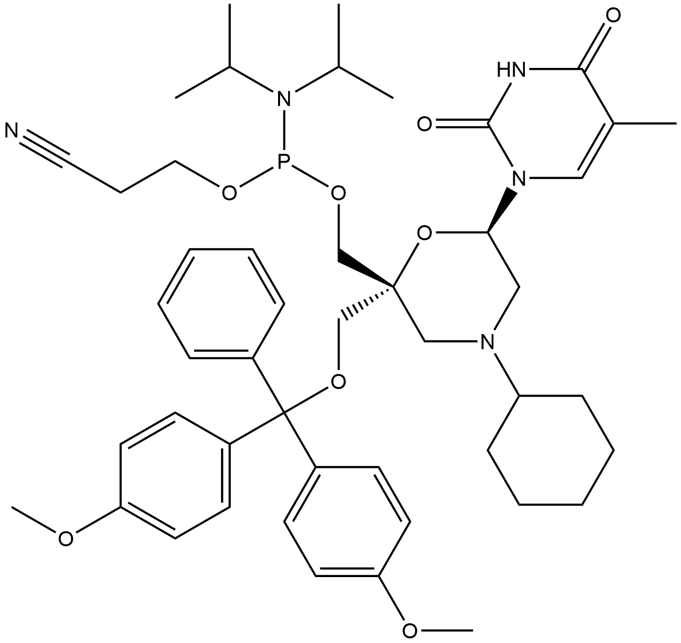 [(2R,6R)-2-[[Bis(4-methoxyphenyl)phenylmethoxy]methyl]-4-cyclohexyl-6-(3,4-dihydro-5-methyl-2,4-dioxo-1(2H)-pyrimidinyl)-2-morpholinyl]methyl 2-cyanoethyl N,N-bis(1-methylethyl)phosphoramidite Structure