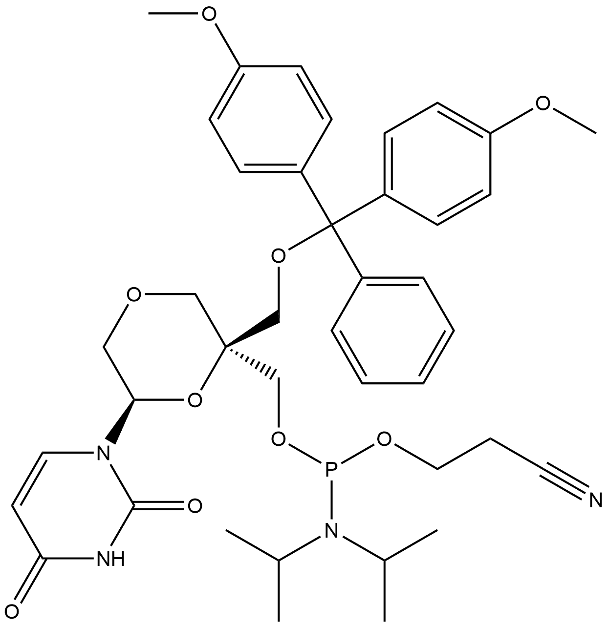 [(2S,6R)-2-[[Bis(4-methoxyphenyl)phenylmethoxy]methyl]-6-(3,4-dihydro-2,4-dioxo-1(2H)-pyrimidinyl)-1,4-dioxan-2-yl]methyl 2-cyanoethyl N,N-bis(1-methylethyl)phosphoramidite Structure