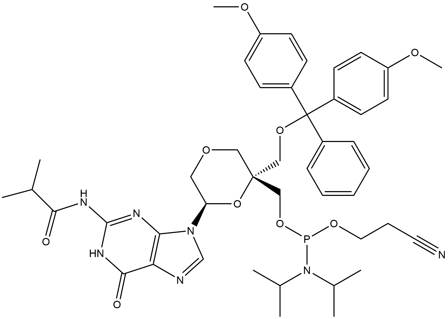 [(2R,6R)-2-[[Bis(4-methoxyphenyl)phenylmethoxy]methyl]-6-[1,6-dihydro-2-[(2-methyl-1-oxopropyl)amino]-6-oxo-9H-purin-9-yl]-1,4-dioxan-2-yl]methyl 2-cyanoethyl N,N-bis(1-methylethyl)phosphoramidite Structure