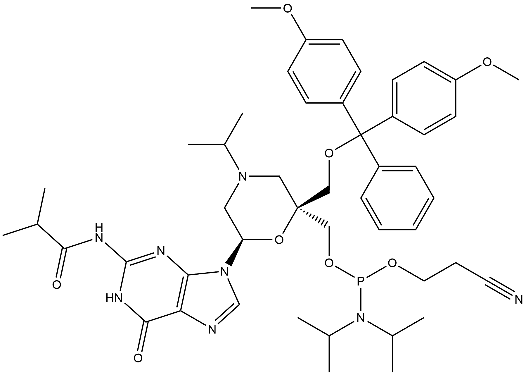 [(2S,6R)-2-[[Bis(4-methoxyphenyl)phenylmethoxy]methyl]-6-[1,6-dihydro-2-[(2-methyl-1-oxopropyl)amino]-6-oxo-9H-purin-9-yl]-4-(1-methylethyl)-2-morpholinyl]methyl 2-cyanoethyl N,N-bis(1-methylethyl)phosphoramidite 구조식 이미지