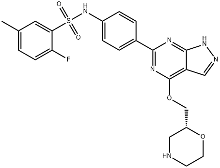 Benzenesulfonamide, 2-fluoro-5-methyl-N-[4-[4-[(2R)-2-morpholinylmethoxy]-1H-pyrazolo[3,4-d]pyrimidin-6-yl]phenyl]- 구조식 이미지