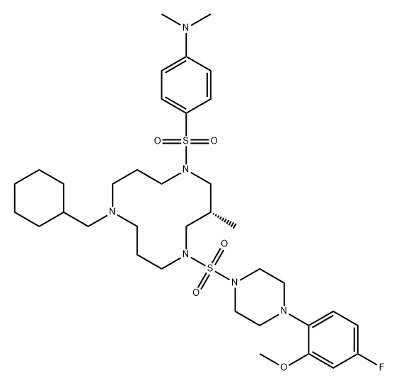 Benzenamine, 4-[[(3S)-9-(cyclohexylmethyl)-5-[[4-(4-fluoro-2-methoxyphenyl)-1-piperazinyl]sulfonyl]-3-methyl-1,5,9-triazacyclododec-1-yl]sulfonyl]-N,N-dimethyl- Structure