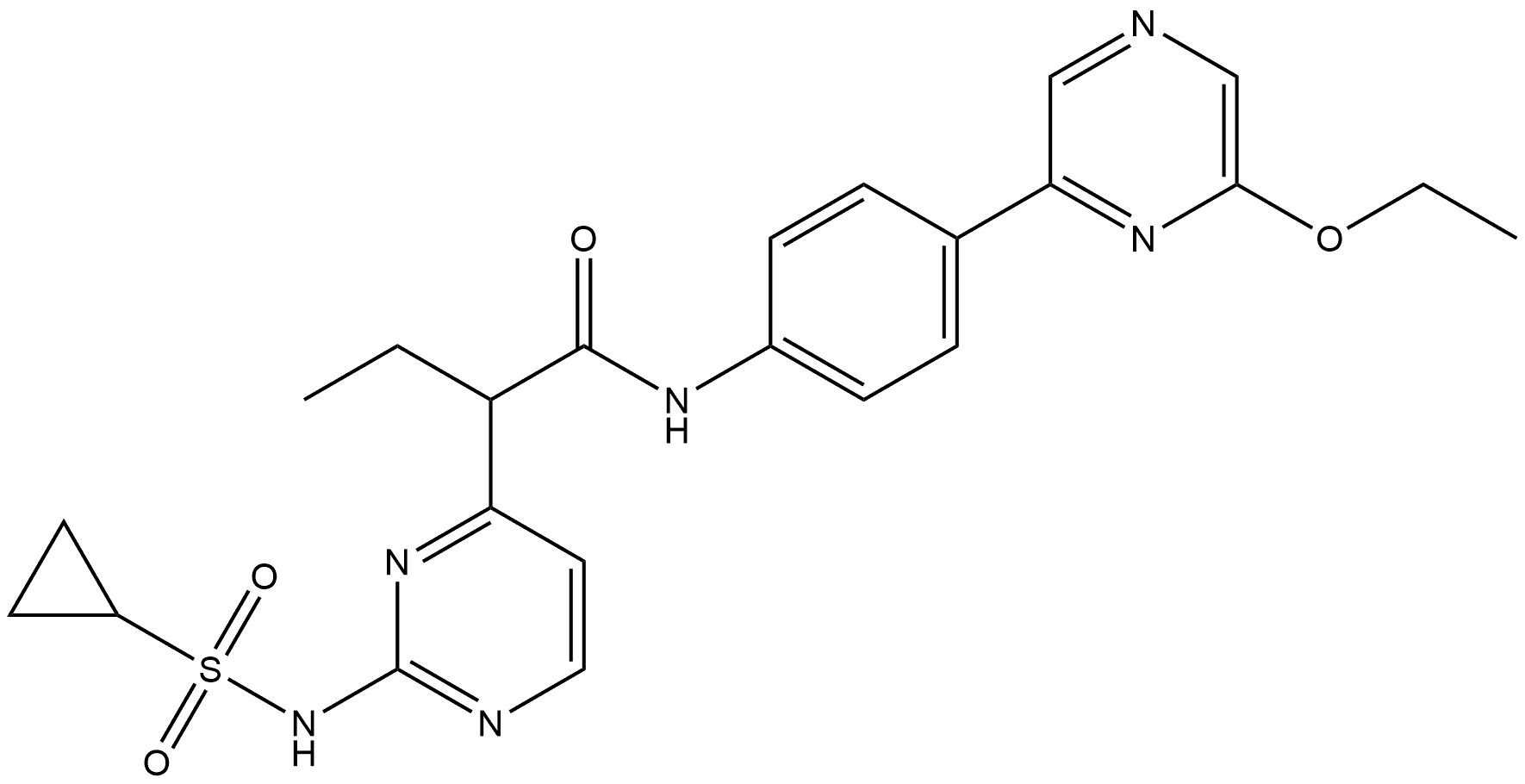 2-(2-cyclopropanesulfonamidopyrimidin-4-yl)-N-[4
-(6-ethoxypyrazin-2-yl)phenyl]butanamide Structure