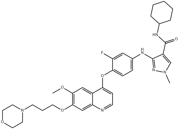 1H-Pyrazole-4-carboxamide, N-cyclohexyl-3-[[3-fluoro-4-[[6-methoxy-7-[3-(4-morpholinyl)propoxy]-4-quinolinyl]oxy]phenyl]amino]-1-methyl- Structure