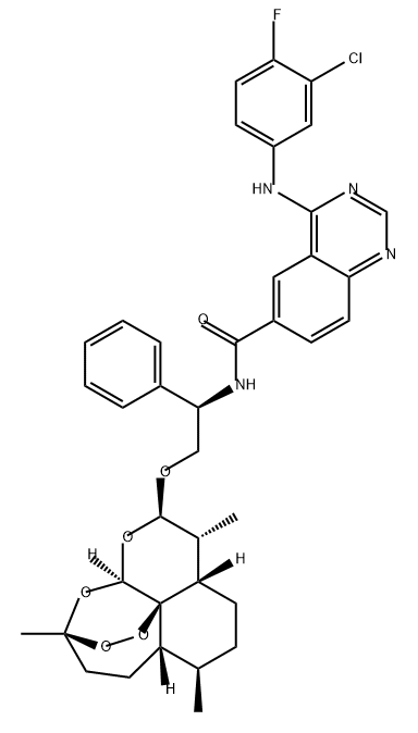 6-Quinazolinecarboxamide, 4-[(3-chloro-4-fluorophenyl)amino]-N-[(1R)-2-[[(3R,5aS,6R,8aS,9R,10R,12R,12aR)-decahydro-3,6,9-trimethyl-3,12-epoxy-12H-pyrano[4,3-j]-1,2-benzodioxepin-10-yl]oxy]-1-phenylethyl]- Structure