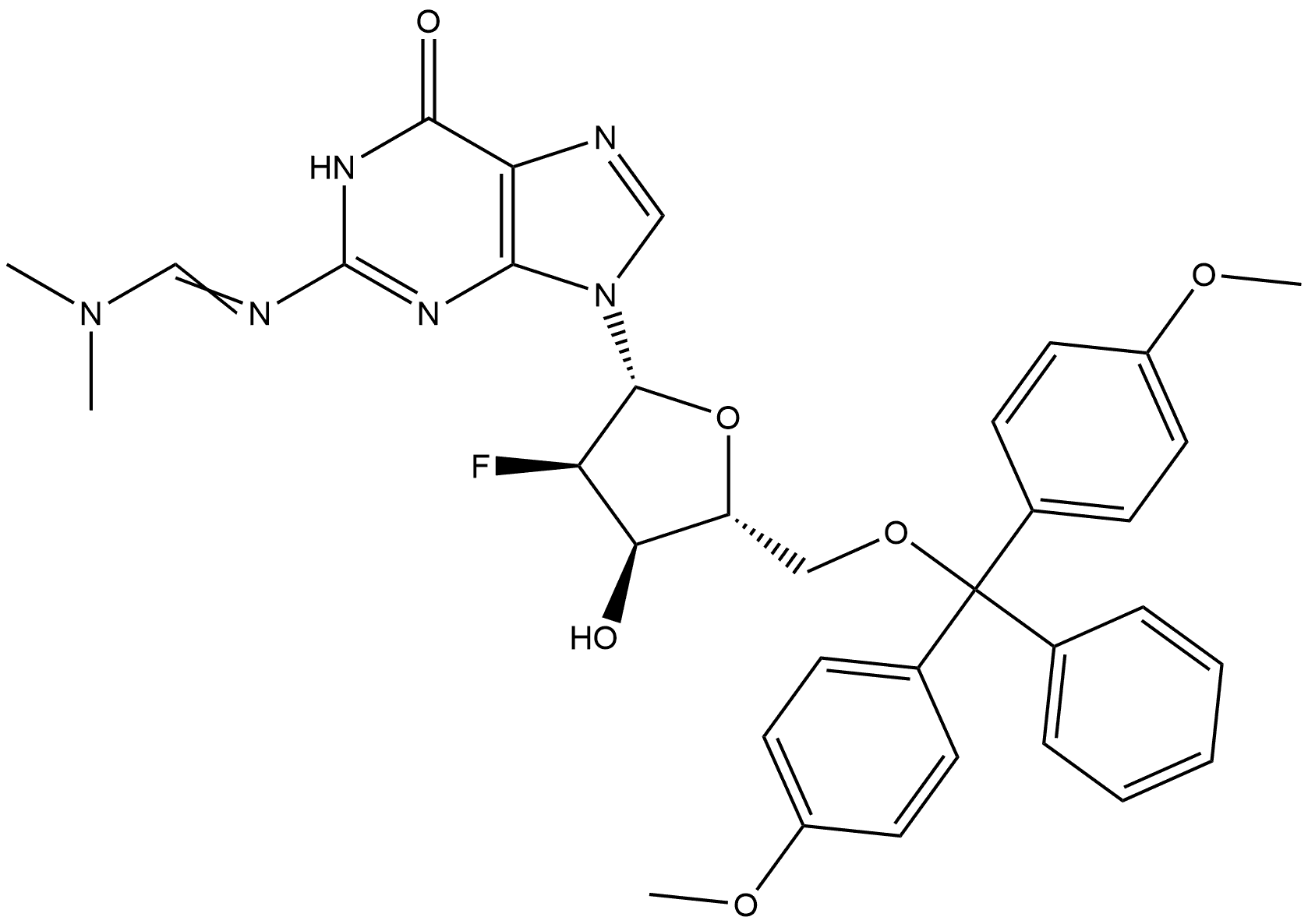 Guanosine, 5′-O-[bis(4-methoxyphenyl)phenylmethyl]-2′-deoxy-2′-fluoro-N-[(dimethylamino)methylene]- Structure