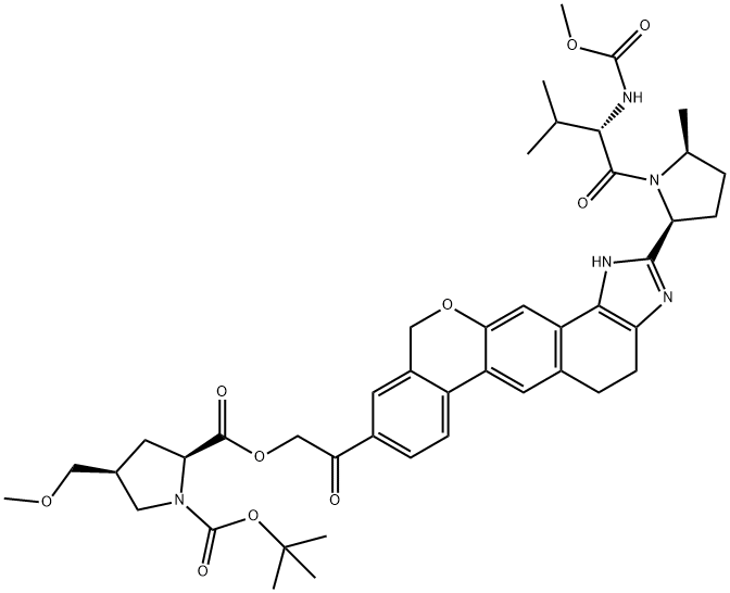 1,2-Pyrrolidinedicarboxylic acid, 4-(methoxymethyl)-, 1-(1,1-dimethylethyl) 2-[2-oxo-2-[1,4,5,11-tetrahydro-2-[(2S,5S)-1-[(2S)-2-[(methoxycarbonyl)amino]-3-methyl-1-oxobutyl]-5-methyl-2-pyrrolidinyl][2]benzopyrano[4',3':6,7]naphth[1,2-d]imidazol-9-yl]ethyl] ester, (2S,4S)- 구조식 이미지