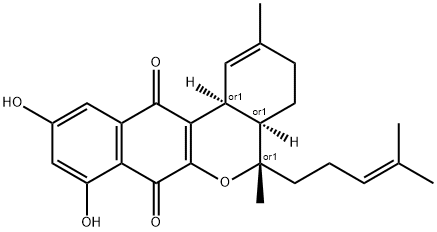 4H-Benzo[d]naphtho[2,3-b]pyran-7,12-dione, 3,4a,5,12b-tetrahydro-8,10-dihydroxy-2,5-dimethyl-5-(4-methyl-3-penten-1-yl)-, (4aR,5S,12bS)-rel- Structure