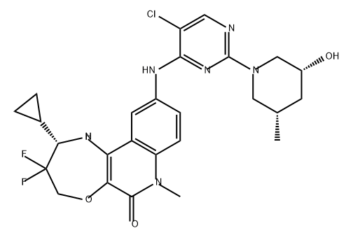 [1,4]Oxazepino[2,3-c]quinolin-6(7H)-one, 10-[[5-chloro-2-[(3R,5S)-3-hydroxy-5-methyl-1-piperidinyl]-4-pyrimidinyl]amino]-2-cyclopropyl-3,3-difluoro-1,2,3,4-tetrahydro-7-methyl-, (2S)- Structure