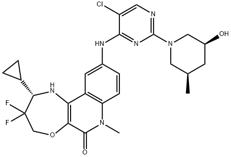 [1,4]Oxazepino[2,3-c]quinolin-6(7H)-one, 10-[[5-chloro-2-[(3S,5R)-3-hydroxy-5-methyl-1-piperidinyl]-4-pyrimidinyl]amino]-2-cyclopropyl-3,3-difluoro-1,2,3,4-tetrahydro-7-methyl-, (2S)- Structure