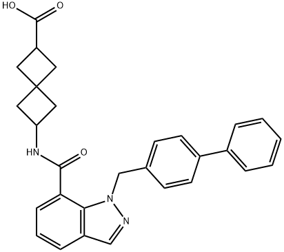 6-[1-({[1,1'-biphenyl]-4-yl}methyl)-1H-indazole-7-a
mido]spiro[3.3]heptane-2-carboxylic acid Structure