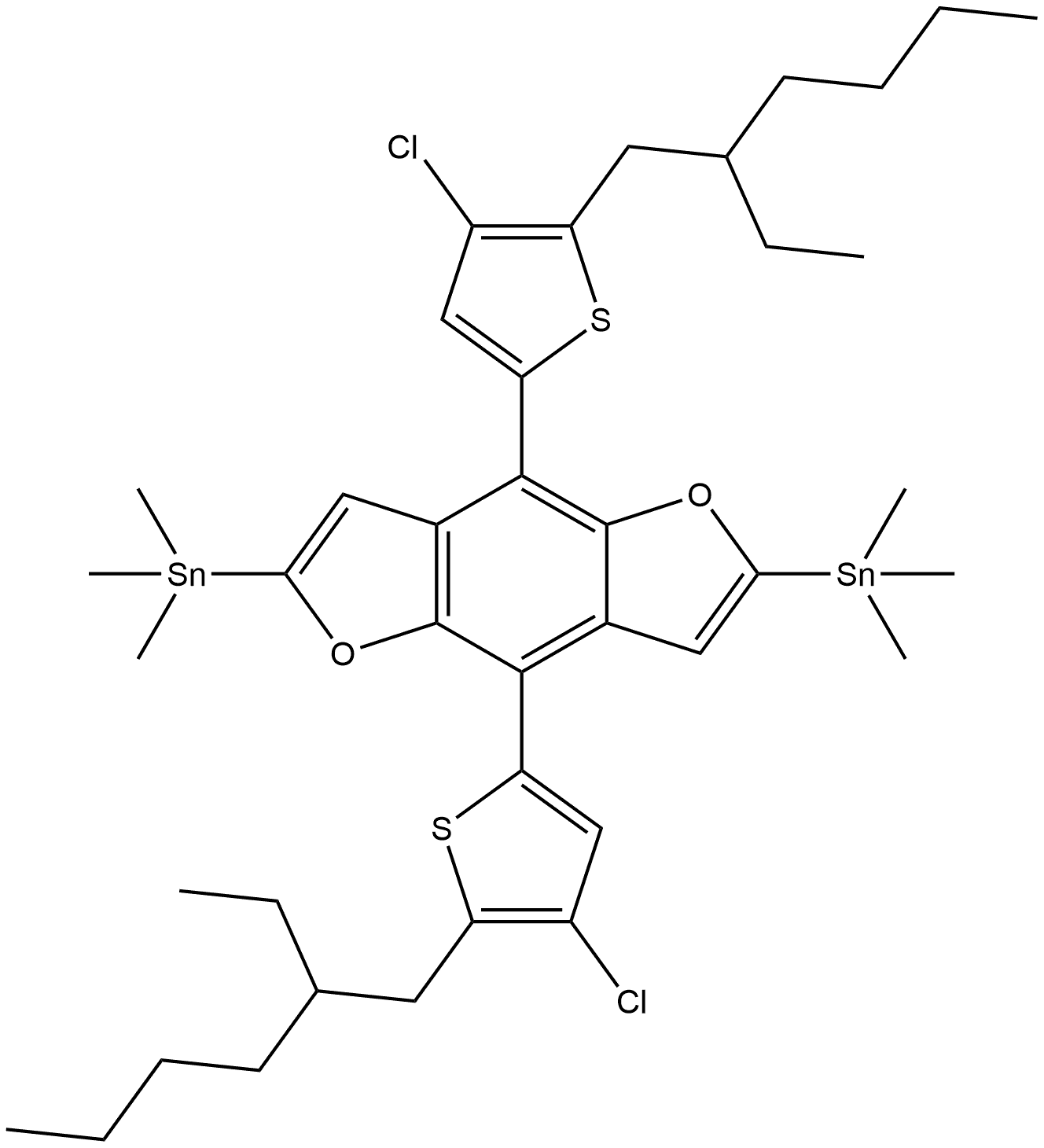 1,1′-[4,8-Bis[4-chloro-5-(2-ethylhexyl)-2-thienyl]benzo[1,2-b:4,5-b′]difuran-2,6-diyl]bis[1,1,1-trimethylstannane] Structure