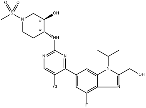 (3R,4R)-4-((5-chloro-4-[4-fluoro-2-(hydroxymethyl)-1-(propan-2-yl)-1H-benzimidazol-6-yl]pyrimidin-2- yl)amino)-1-(methy!sulfonyl)piperidin-3-ol Structure