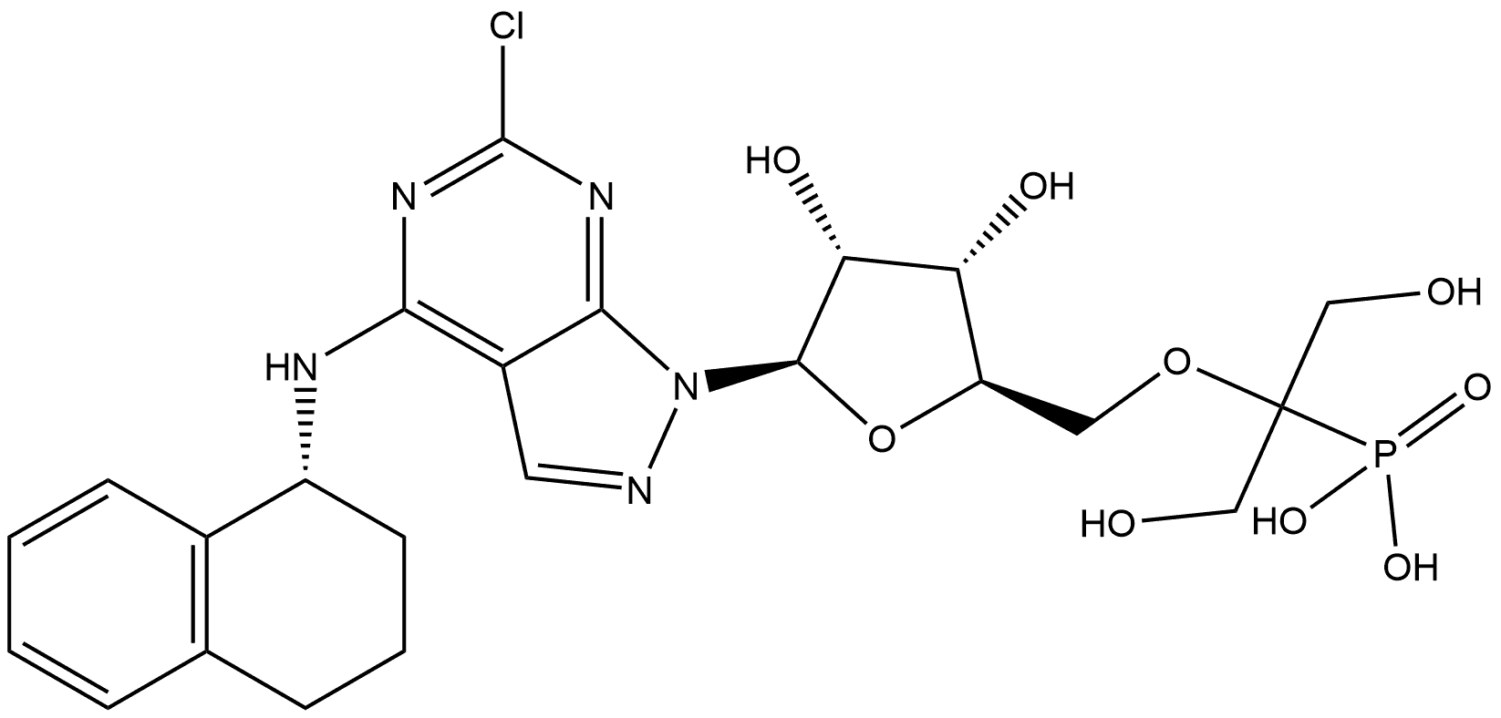 1H-Pyrazolo[3,4-d]pyrimidin-4-amine, 6-chloro-1-[5-O-[2-hydroxy-1-(hydroxymethyl)-1-phosphonoethyl]-β-D-ribofuranosyl]-N-[(1R)-1,2,3,4-tetrahydro-1-naphthalenyl]-, rel- Structure