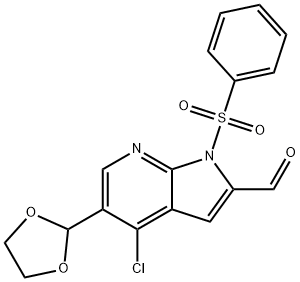 1H-Pyrrolo[2,3-b]pyridine-2-carboxaldehyde, 4-chloro-5-(1,3-dioxolan-2-yl)-1-(phenylsulfonyl)- Structure