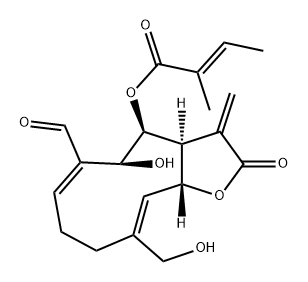 2-Butenoic acid, 2-methyl-, (3aS,4S,5S,6E,10Z,11aR)-6-formyl-2,3,3a,4,5,8,9,11a-octahydro-5-hydroxy-10-(hydroxymethyl)-3-methylene-2-oxocyclodeca[b]furan-4-yl ester, (2E)- Structure