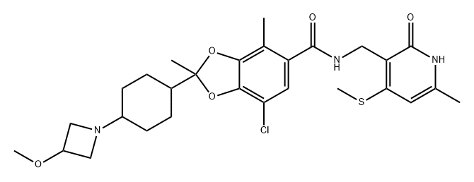 1,3-Benzodioxole-5-carboxamide, 7-chloro-N-[[1,2-dihydro-6-methyl-4-(methylthio)-2-oxo-3-pyridinyl]methyl]-2-[4-(3-methoxy-1-azetidinyl)cyclohexyl]-2,4-dimethyl- Structure