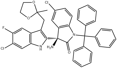 [2,3'-Bi-1H-indol]-2'(3'H)-one, 3'-amino-5',6-dichloro-5-fluoro-3-[(2-methyl-1,3-dioxolan-2-yl)methyl]-1'-(triphenylmethyl)-, (3'R)- Structure