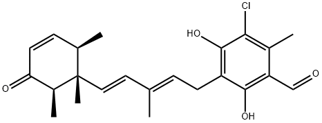 Benzaldehyde, 3-chloro-4,6-dihydroxy-2-methyl-5-[(2E,4E)-3-methyl-5-[(1S,2R,6R)-1,2,6-trimethyl-5-oxo-3-cyclohexen-1-yl]-2,4-pentadien-1-yl]- Structure