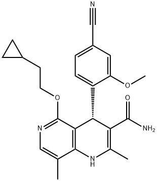 1,6-Naphthyridine-3-carboxamide, 4-(4-cyano-2-methoxyphenyl)-5-(2-cyclopropylethoxy)-1,4-dihydro-2,8-dimethyl-, (4S)- 구조식 이미지